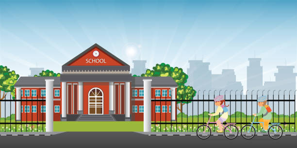 ilustrações de stock, clip art, desenhos animados e ícones de little kids riding a bicycle in front of school. - helmet bicycle little girls child