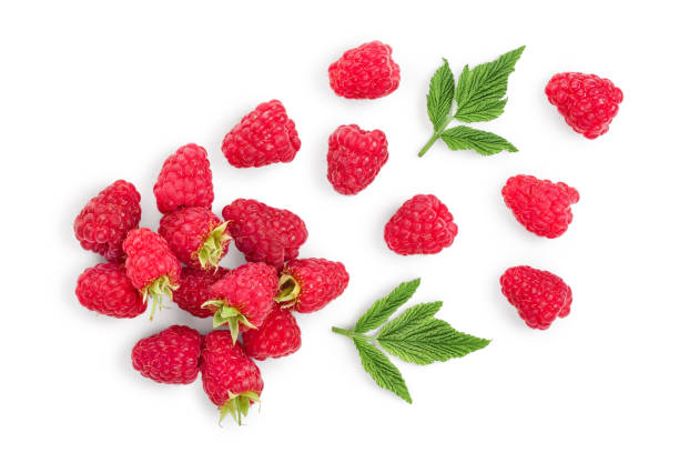 istock raspberries with leaves isolated on white background. Top view. Flat lay 1188560570