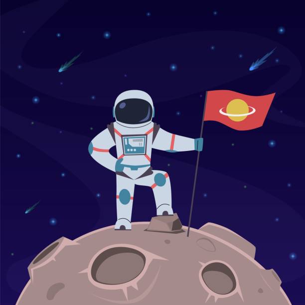 Astronaut on moon. Spaceman with flag in spacesuit explores moon surface. Futuristic planet in space, cosmos traveler, vector concept Astronaut on moon. Spaceman with flag in spacesuit explores moon surface. Futuristic planet in space, cosmos traveler, vector scientific discovery concept astronaut patterns stock illustrations
