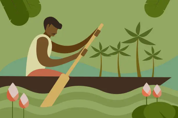 Vector illustration of Village man rowing a wooden boat in the water