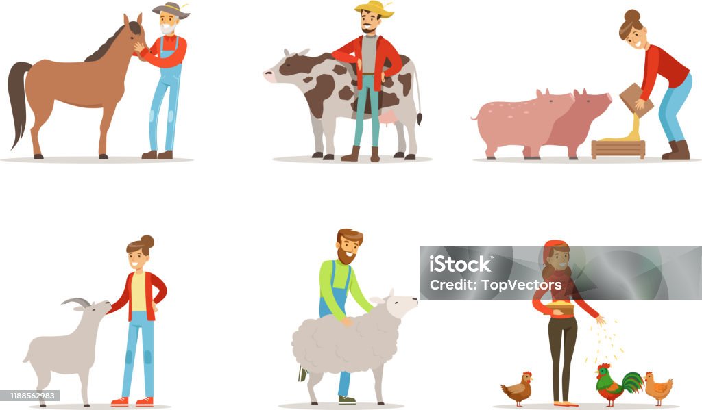 Man And Woman Farmers Taking Care About Domestic Animals On The Farm Vector  Illustrations Set Stock Illustration - Download Image Now - iStock