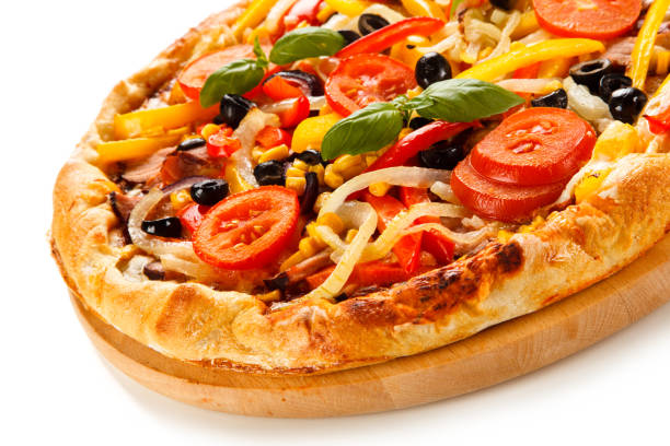 istock Pizza with tomatoes and salami on white background 1188563398