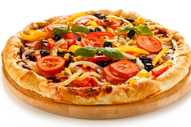 istock Pizza with tomatoes and salami on white background 1188563464