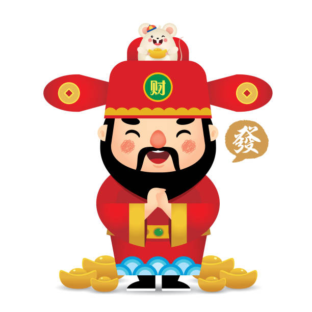 illustrazioni stock, clip art, cartoni animati e icone di tendenza di capodanno cinese 2020 - cartone animato cinese god of wealth & mouse - chinese god