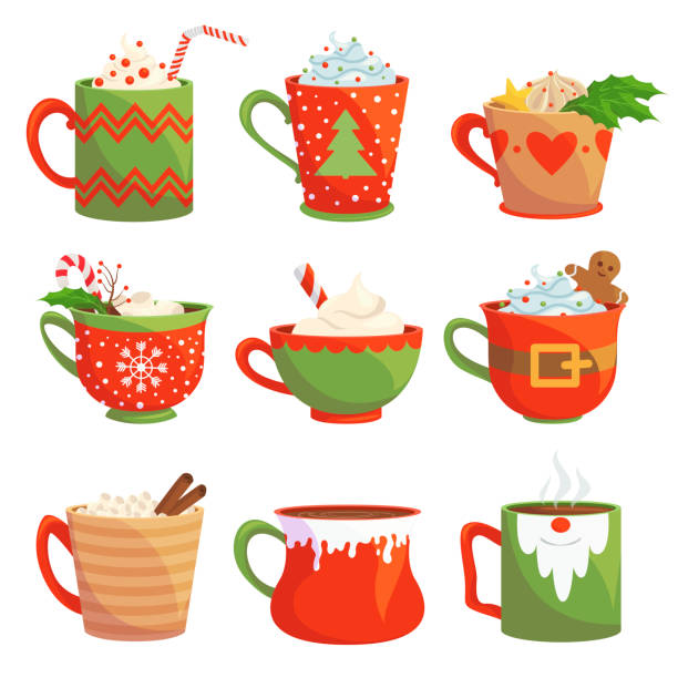 ilustraciones, imágenes clip art, dibujos animados e iconos de stock de bebidas navideñas tradicionales ilustraciones vectoriales planas - mulled wine christmas tea heat