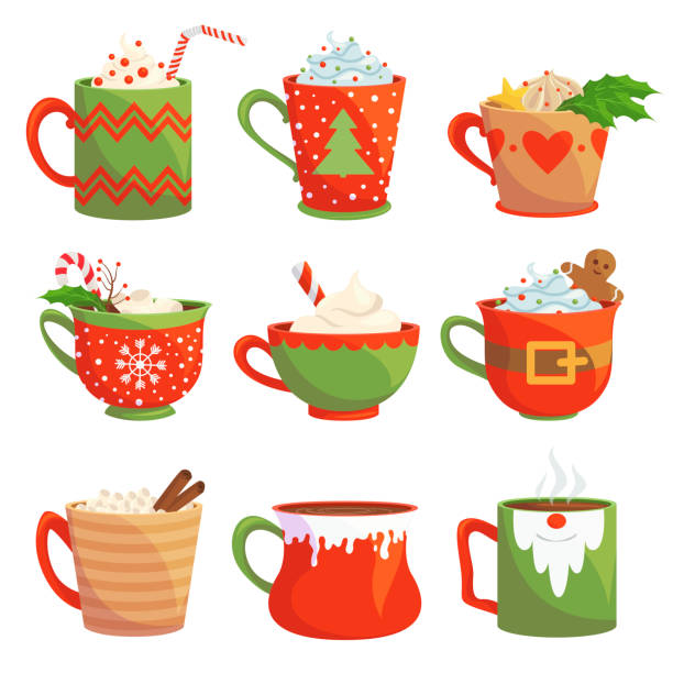традиционные рождественские напитки плоский вектор иллюстрации набор - coffee alcohol wine chocolate stock illustrations