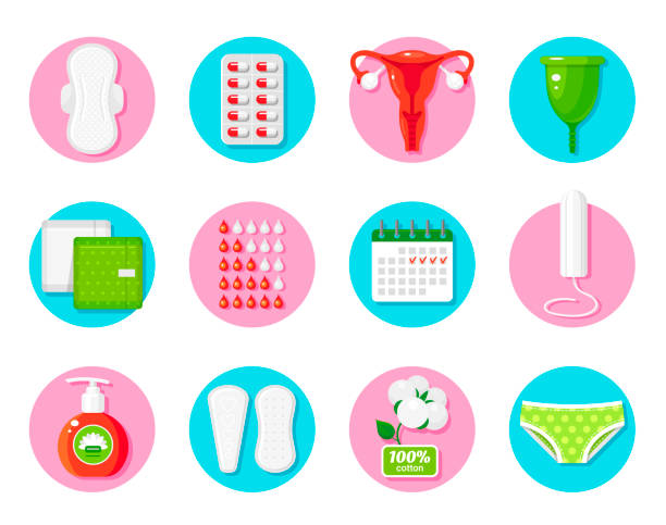 stockillustraties, clipart, cartoons en iconen met vrouwelijke hygiëne producten platte vector icons set - damesonderbroek