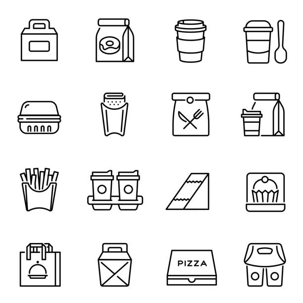 illustrations, cliparts, dessins animés et icônes de emporter la nourriture et les boissons icônes linéaires ensemble - emballage alimentaire en carton illustrations