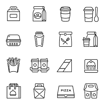 Take away food and drinks linear icons set. Takeaway service, fast food retail symbols pack. Unhealthy nutrition. Lunch bags, coffee cups and breakfast containers thin line illustrations