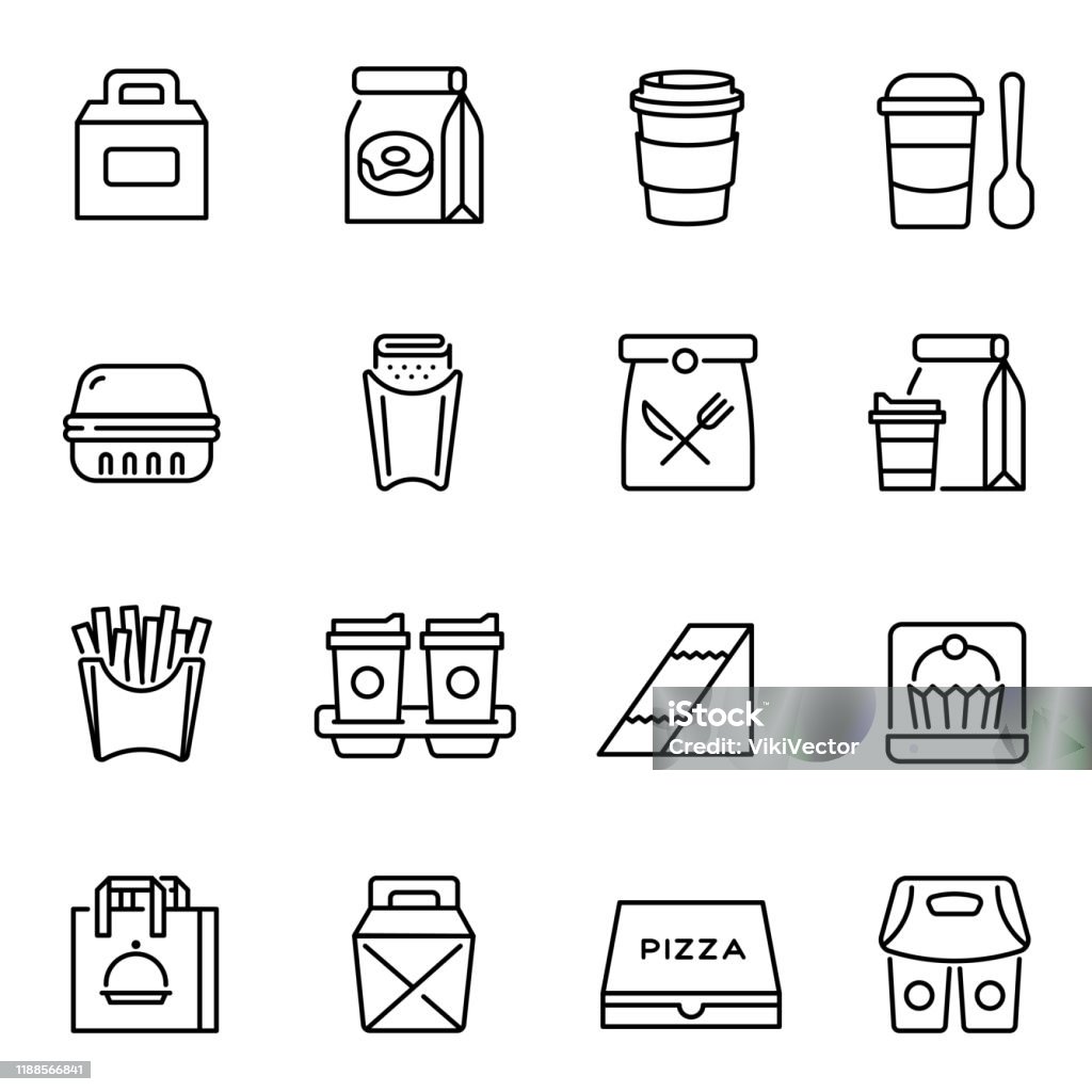 Take away food and drinks linear icons set Take away food and drinks linear icons set. Takeaway service, fast food retail symbols pack. Unhealthy nutrition. Lunch bags, coffee cups and breakfast containers thin line illustrations Icon stock vector