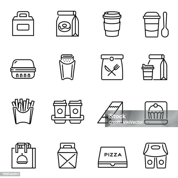 Take Away Food And Drinks Linear Icons Set Stock Illustration - Download Image Now - Icon, Take Out Food, Food