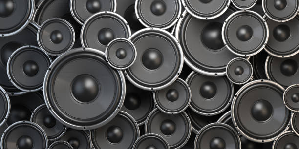 Acoustic sound speakers background. Black subwoofers of different size. Multimedia, audio and sound concept. Acoustic sound speakers background. Black subwoofers of different size. Multimedia, audio and sound concept. 3d illustration rock n roll music speakers stock pictures, royalty-free photos & images