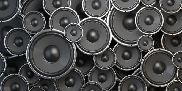 Photo of Acoustic sound speakers background. Black subwoofers of different size. Multimedia, audio and sound concept.