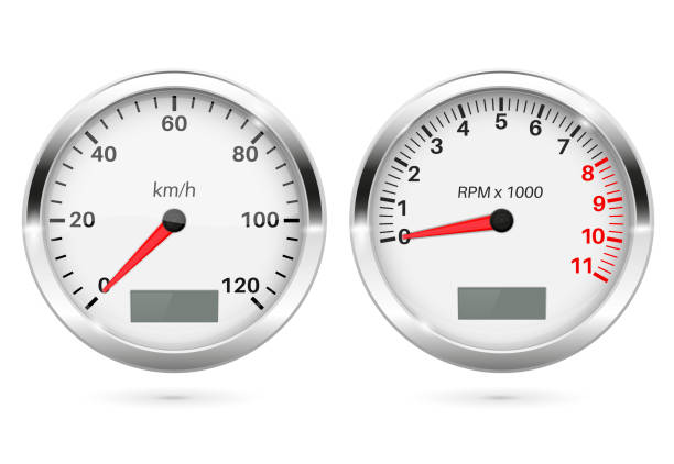 ilustrações de stock, clip art, desenhos animados e ícones de speedometer and tachometer. 3d round gauges set - car isolated three dimensional shape white background