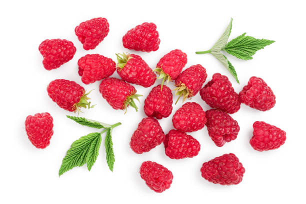 istock raspberries with leaves isolated on white background. Top view. Flat lay 1188576223