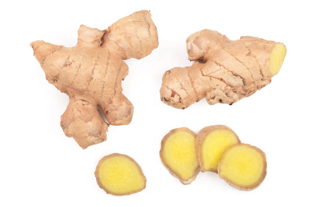 istock fresh Ginger root and slice isolated on white background. Top view. Flat lay 1188577434