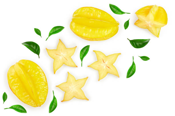 istock Carambola or star-fruit with leaf isolated on white background. Top view. Flat lay 1188580638