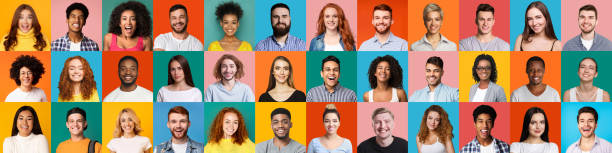 istock Collage of mixed race happy people on bright backgrounds 1188581079