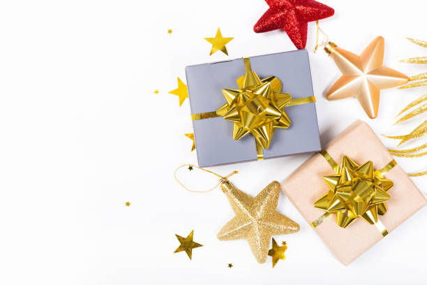 istock Christmas background with herringbone gifts and decor. Top view with space for copy on a white background. 1188581802