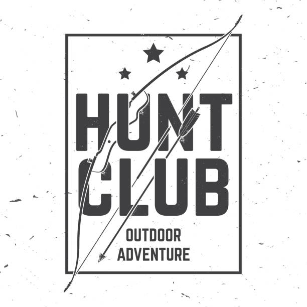 ilustrações de stock, clip art, desenhos animados e ícones de hunting club. vector. concept for shirt or label, print, stamp or tee. vintage typography design with frame, hunting bow and arrow silhouette. outdoor adventure hunt club emblem - duotone aiming hunter bow and arrow