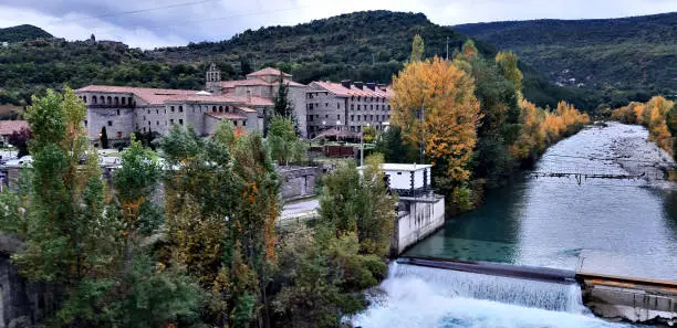 Boltaña 2019. Old monastery next to the Ara river in Boltaña, Ordesa Valley, within the Spanish Pyrenees