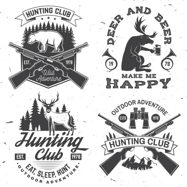 ilustrações de stock, clip art, desenhos animados e ícones de set of hunting club badge. vector concept for shirt, label, print, stamp. vintage typography design with hunting gun, binoculars, bear, deer, mountains and forest. outdoor adventure hunt club emblem - rifle hunting shotgun gun