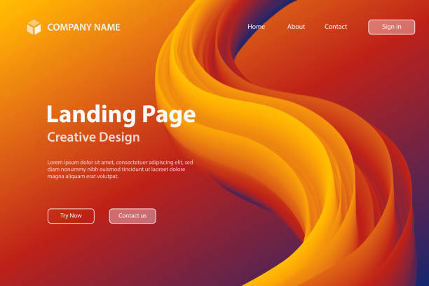 Landing page Template - Fluid Abstract Design on Orange gradient background Landing page template for your website with a modern and trendy background. Abstract design with a fluid, liquid, 3d and gradient color shape. This illustration can be used for your design, with space for your text (colors used: Orange, Red, Brown, Purple, Blue). Vector Illustration (EPS10, well layered and grouped), wide format (3:2). Easy to edit, manipulate, resize or colorize. brown background illustrations stock illustrations