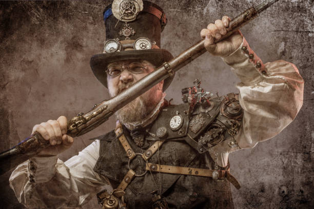 istock Steampunk male military character in a studio shot 1188586387