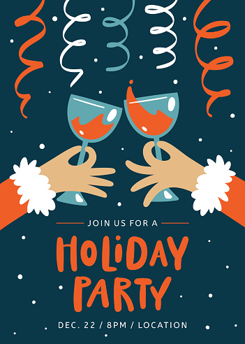 Christmas Invitation. Holiday Party Template. People clinking glasses of red wine in hands. Trendy vintage style.