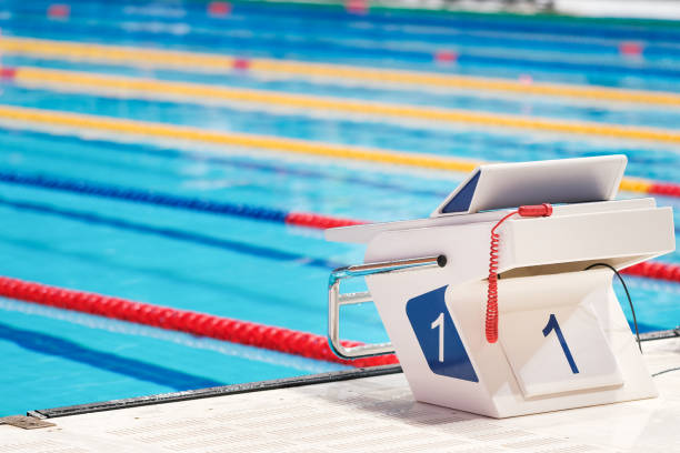 istock Swimming pool with starting block. Sport facility. Side view. 1188592968