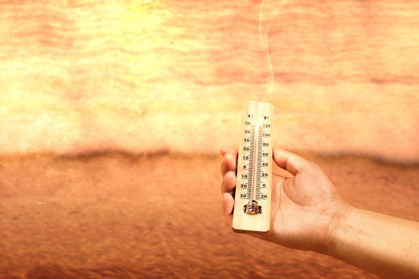 istock Hand holding thermometer with high temperature on the beach with glowing sun background 1188593179