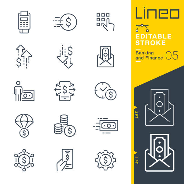 lineo editable stroke - ikony linii bankowości i finansów - bill mobile phone smart phone currency stock illustrations