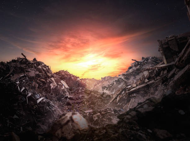 les décombres d'apocalypse au coucher du soleil - illustration - apocalypse photos et images de collection