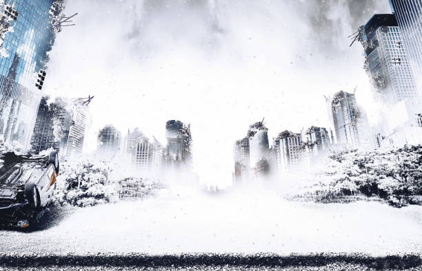 Snowing in the ruins of the city destroyed by the ice age and war stock photo