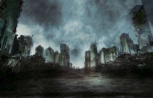 pioggia nella città distrutta - post apocalyptic foto e immagini stock