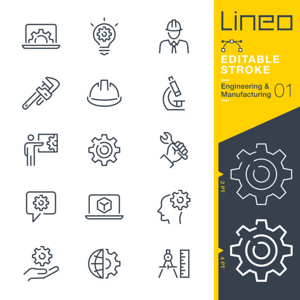 lineo editable stroke - ikony linii inżynierii i produkcji - machine part gear industry construction machinery stock illustrations