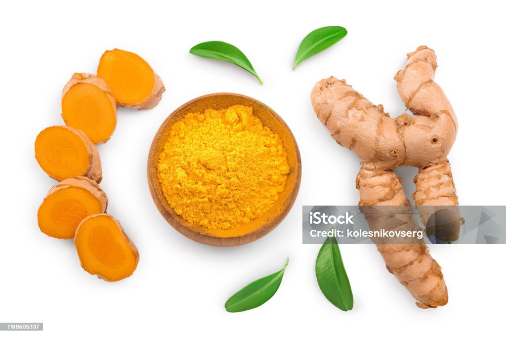 Turmeric powder and turmeric root isolated on white background. Top view. Flat lay Turmeric powder and turmeric root isolated on white background. Top view. Flat lay. Turmeric Stock Photo