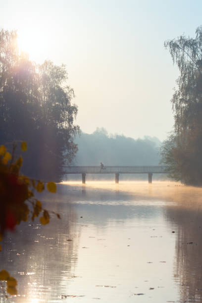 istock Man is running across bridge at sunrise. 1188606512