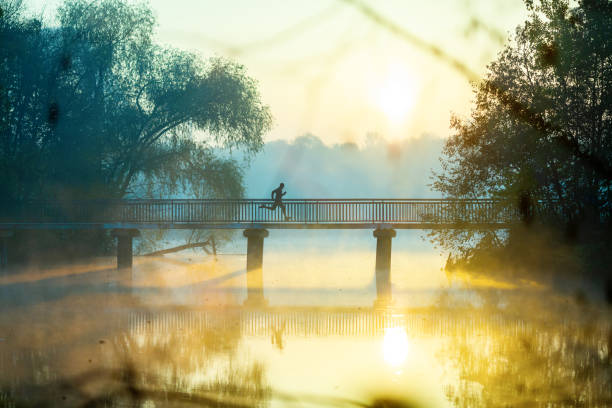 Man is running across bridge at sunrise in park.