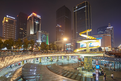 Chengdu, China - October 2017: Modern downtown at night. City is the capital of the Chinese province of Sichuan.