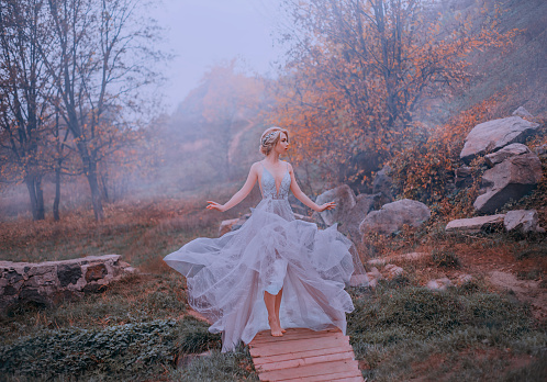Mysterious attractive elf in a luxurious lush purple dress walks against the backdrop of autumn hills. Dress waving when walking like a flower. Autumn weather cold dense fog and orange leaves of trees