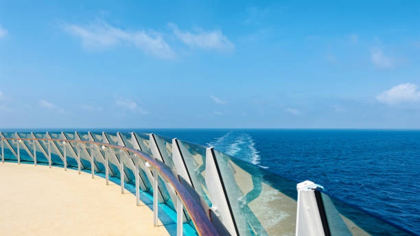 istock Cruise Ship Deck and railing with Ocean View in sunny day, blue sea and blue sky background. 1188608607