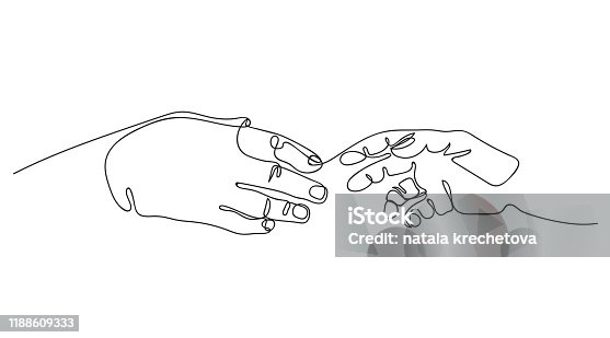 istock Two hands are drawn to each other. One line drawing. Continuous line. 1188609333