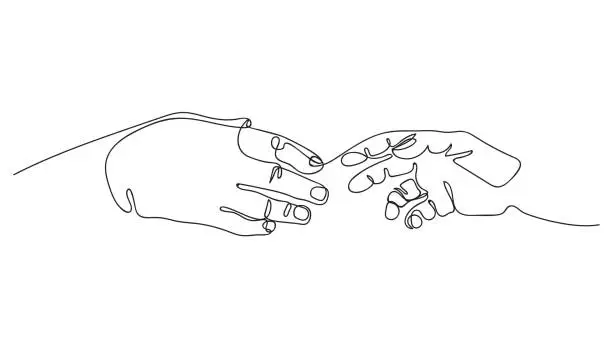 Vector illustration of Two hands are drawn to each other. One line drawing. Continuous line.