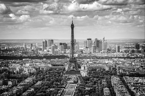 Aerial view of Paris, France.  Black and white image.