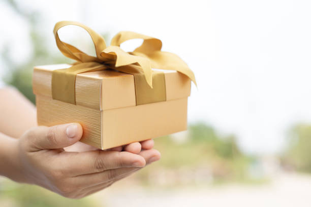female hands holding open gift box dark black wrapped pack with beautiful red ribbon. for surprise special event with copy space. Christmas, birthday or new year concept. High resolution product.