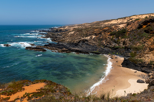 A small secluded beach near Almograve, at the Vicentine Coast, in Alentejo, Portugal.