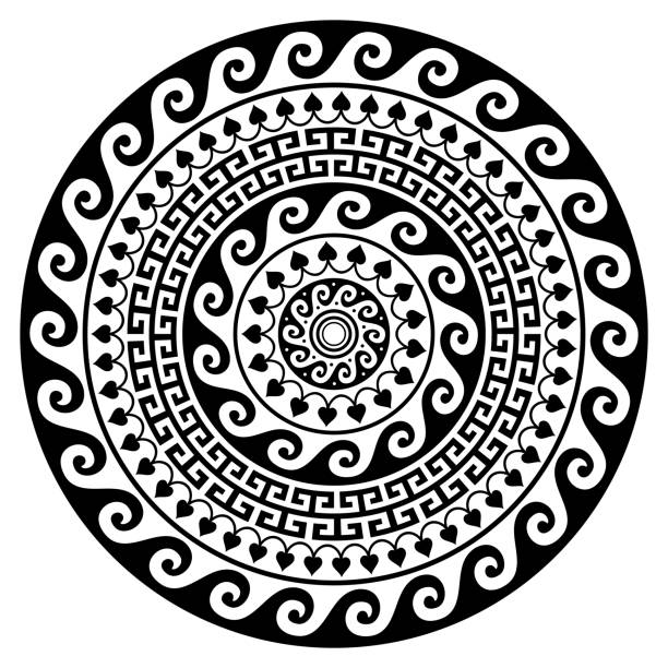grecki projekt wektora mandali, okrągły wzór klucza inspirowany sztuką ze starożytnej grecji w czerni i bieli - key pattern stock illustrations