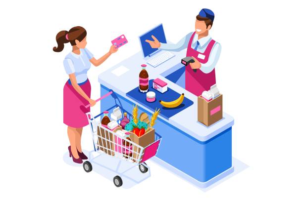 Supermarket Waiting Line Symbol Supermarket, line waiting images, buyer basket checkout, retail. Woman, customer purchase, cashbox buy. Web banner, infographics. Flat isometric vector illustration isolated on white background grocery store cashier stock illustrations