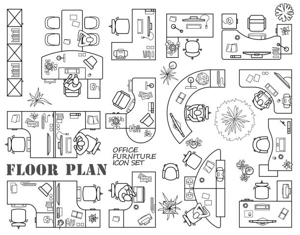 Floor plan of office or cabinet in top view. Furniture icons in view from above. Vector Floor plan of office or cabinet in top view. Desks (working table), chairs, computers, reception and other modular system of office equipment. Furniture icons in view from above. Vector floor plan illustrations stock illustrations